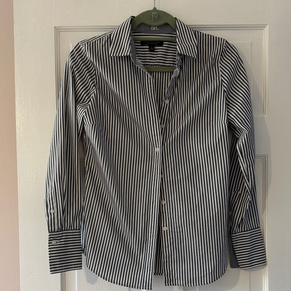 Banana Republic Dark Gray and White Striped Button Down Shirt